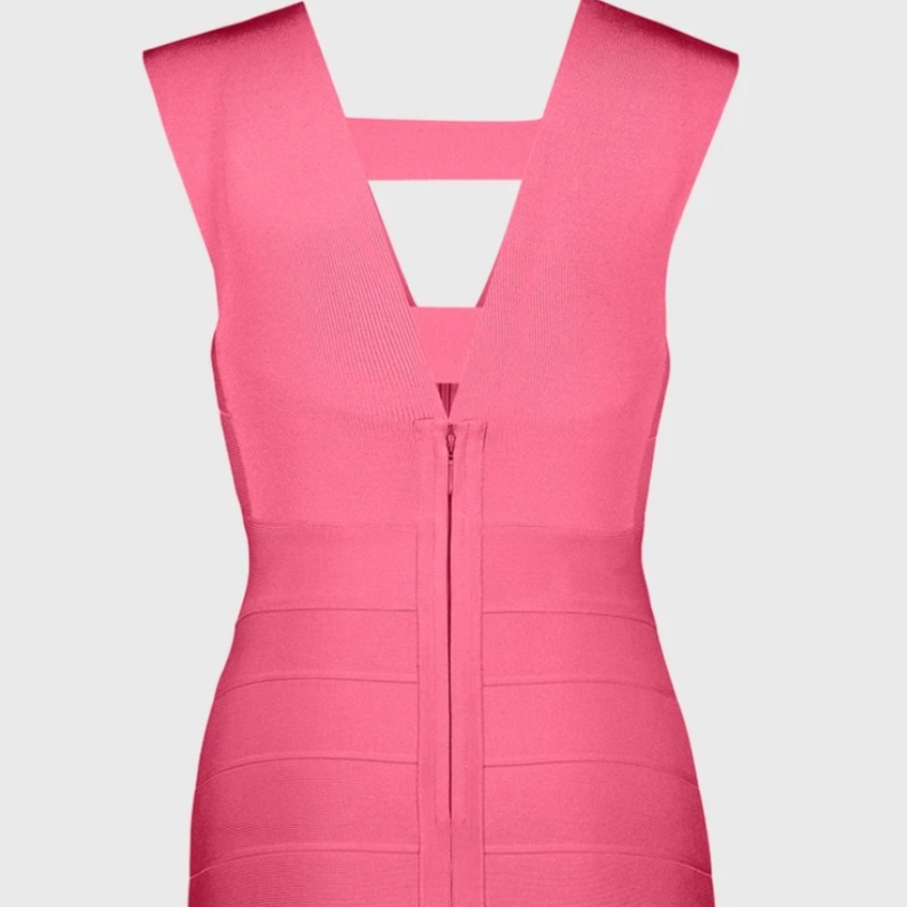 HERVE LEGER DEEP V STRAPPY ICON DRESS Hot Pink NWT - Picture 6 of 11